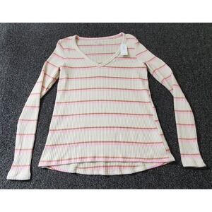American Eagle V-Neck Sweater Women's XS Cream Pink Striped Ribbed NWT Soft